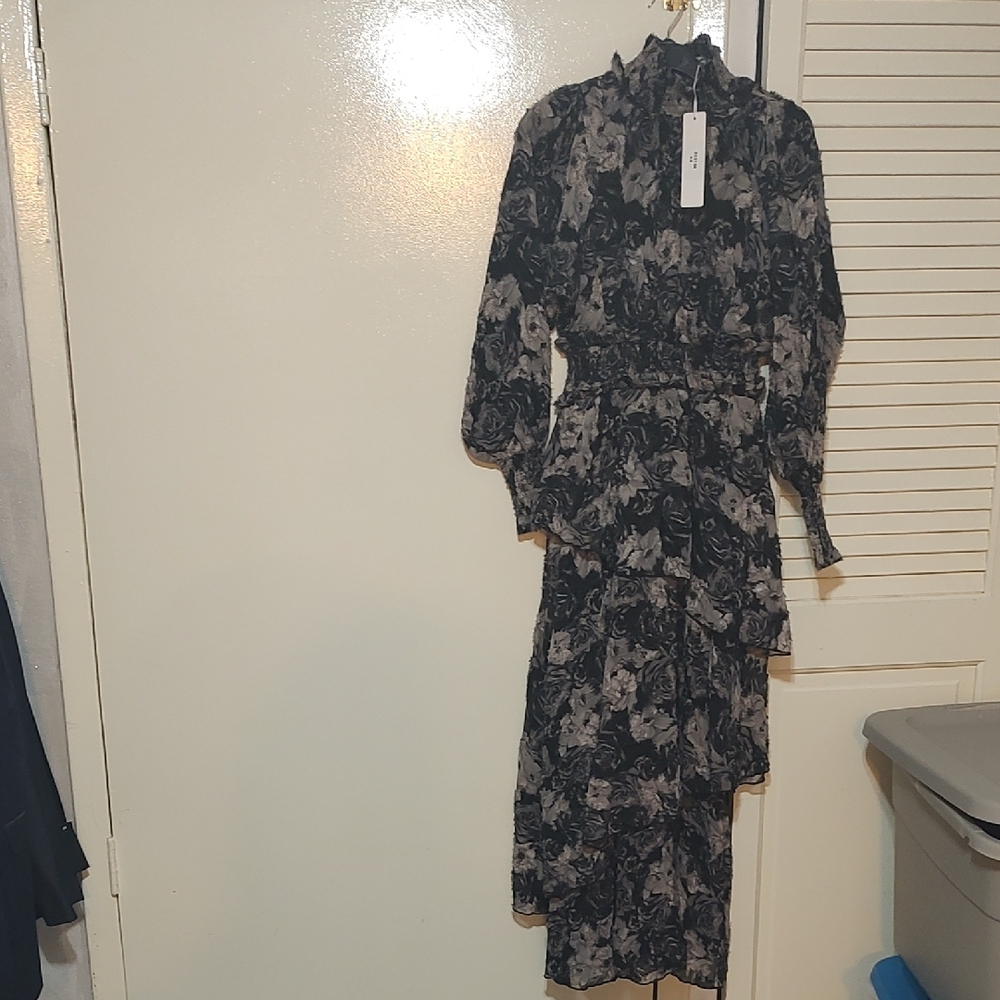 Black and White Tiered Mock Neck Dress with Bishop Sleeves